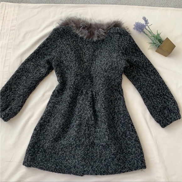 NWOT Fur trim coat, marbled grey, wool, size XS/S, gold button. - Picture 3 of 8